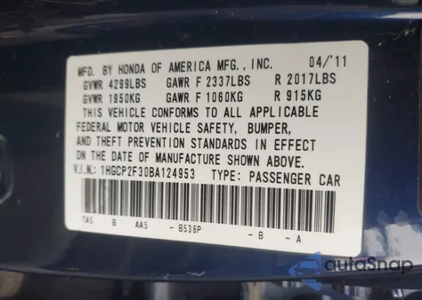 2011 Honda Accord 2.4 Lx z USA, uszkodzony, nr VIN 1HGCP2F30BA124953